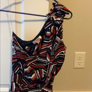 Above knee navy, red and white dress.